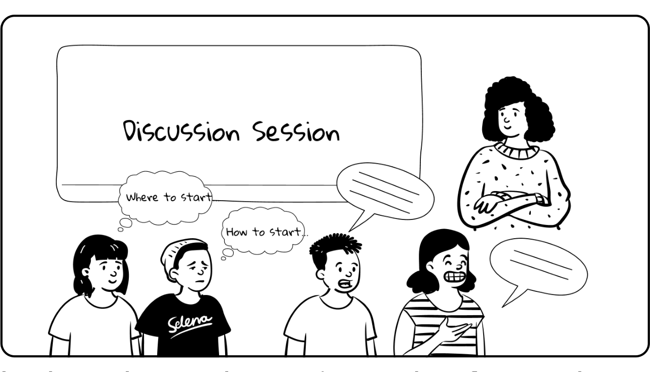 Sketch of a discussion session with three students, one quiet while two others talk over each other.