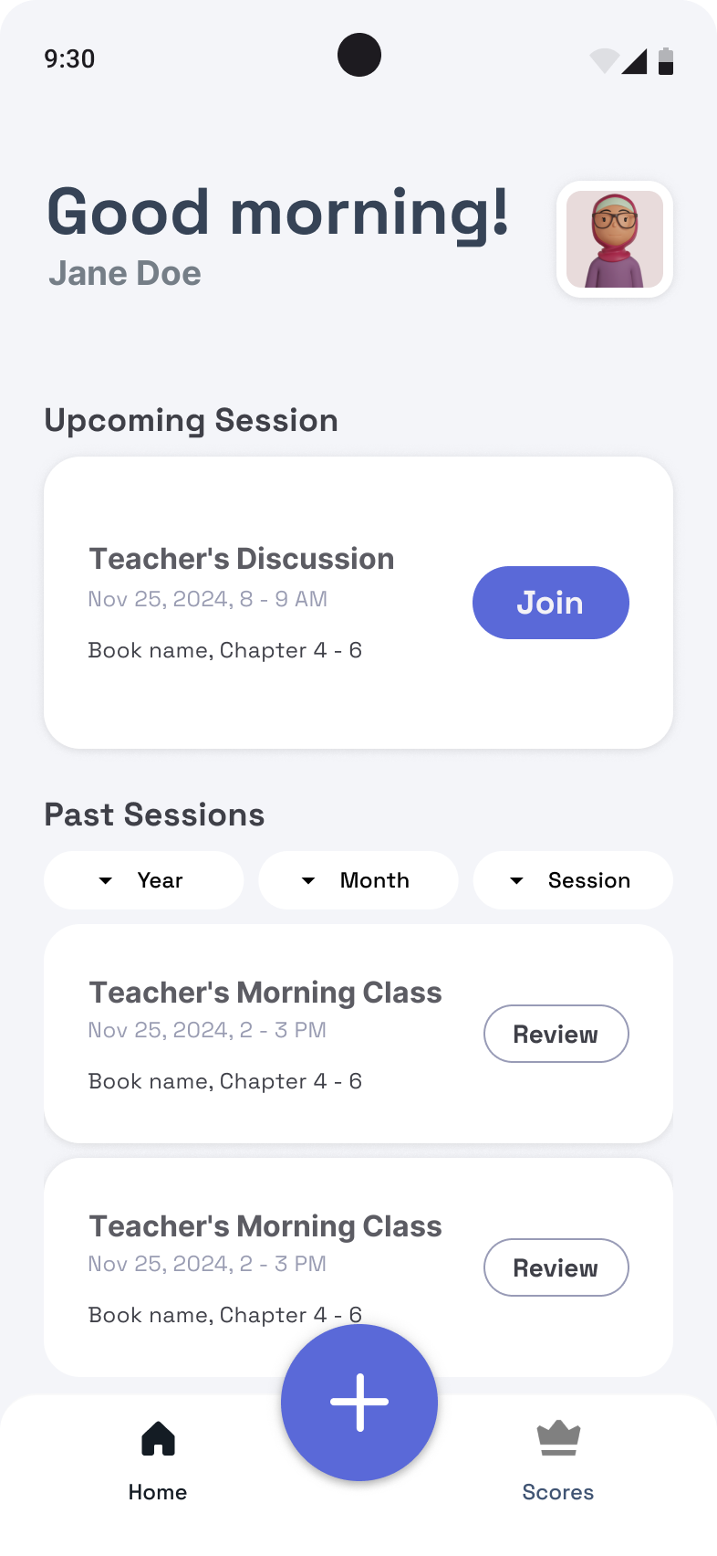 ChatterBox student app screen showing a good morning greeting, an upcoming session card, and past sessions.