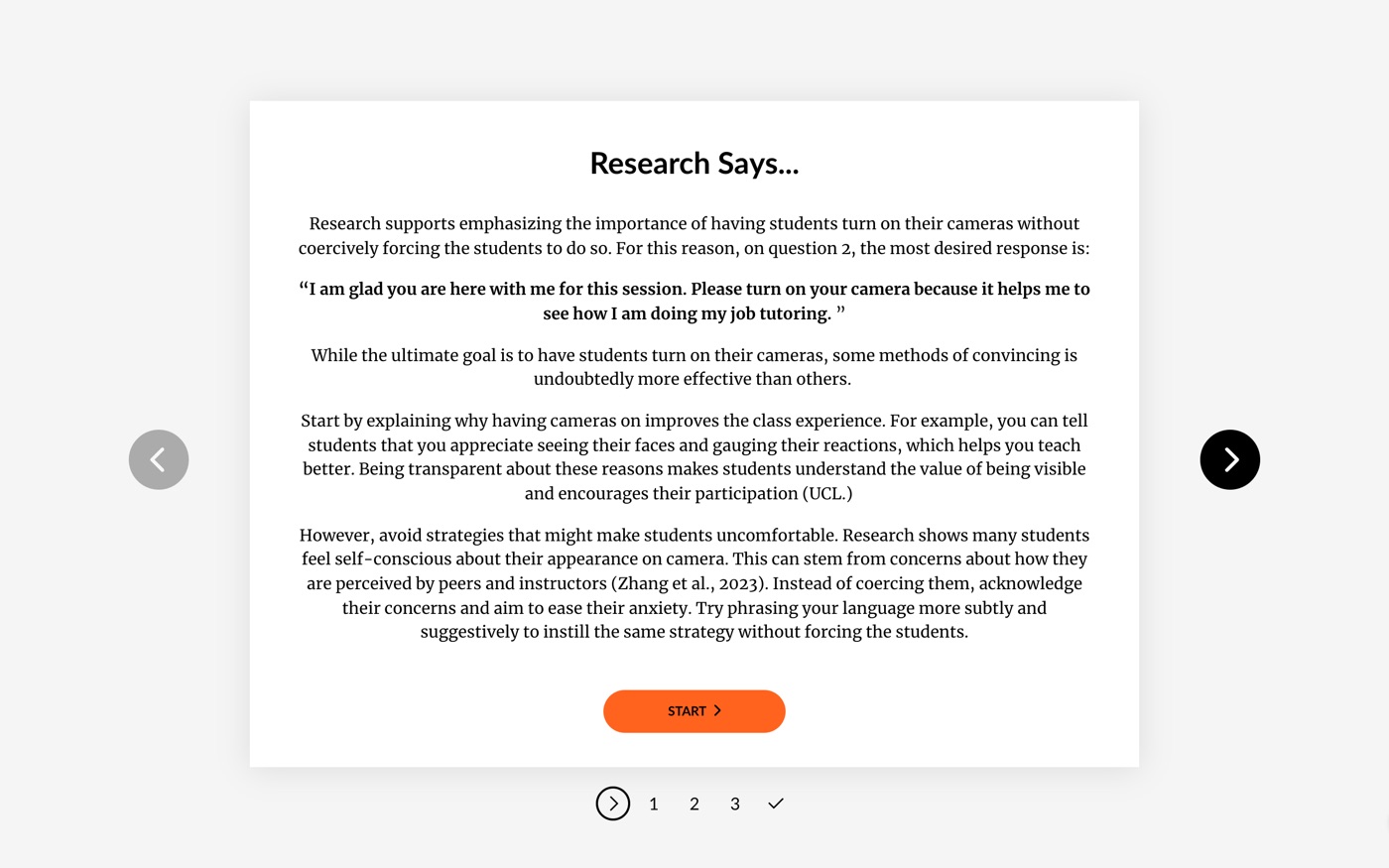 A screen from the course: a &ldquo;Research Says&rdquo; card explaining how to encourage students to turn on their cameras.