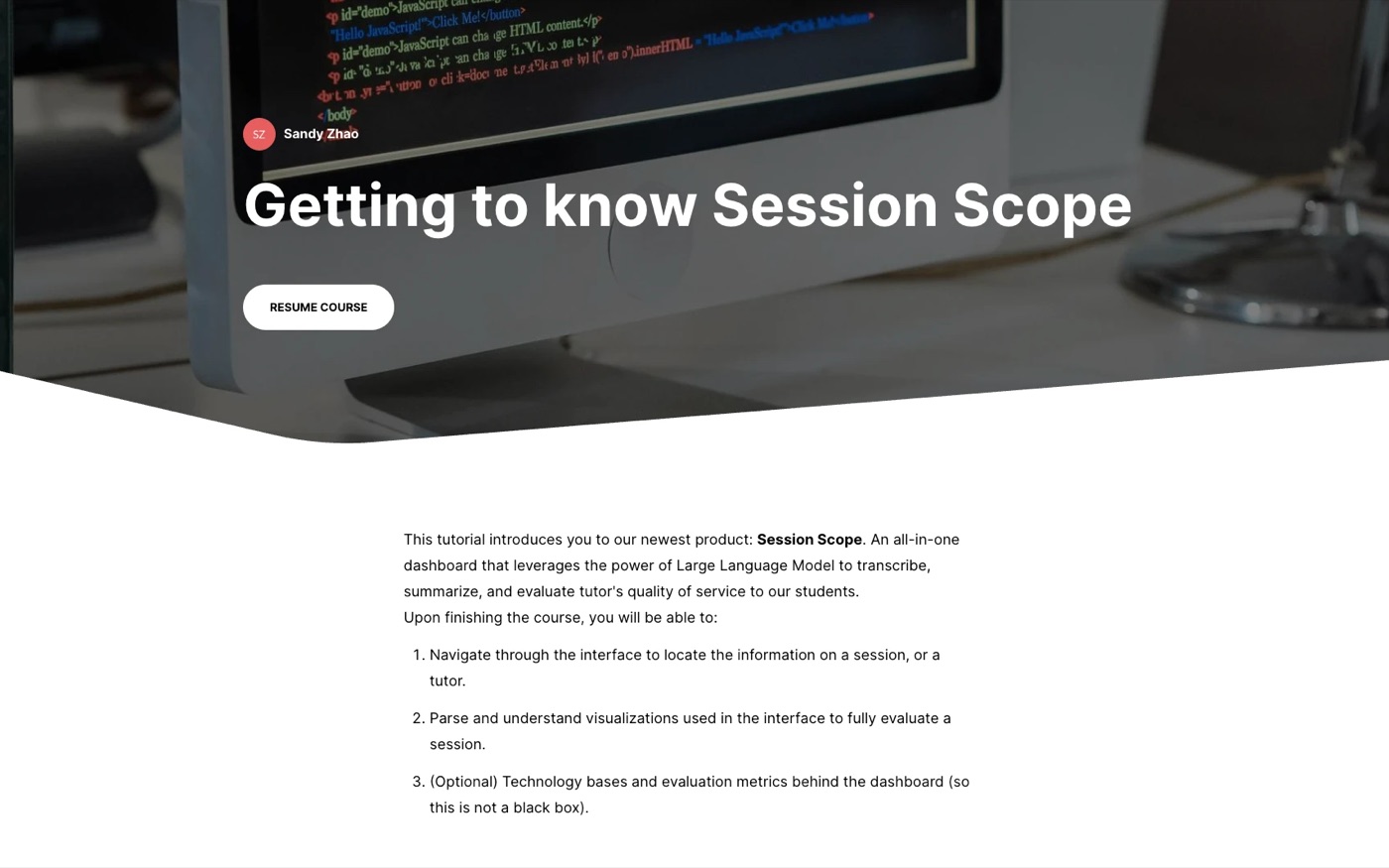 The opening screen of the &ldquo;Getting to know Session Scope&rdquo; course, with its title, the course introduction, and the three learning goals.