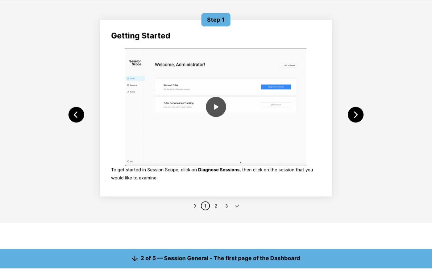 A lesson from the course: the &ldquo;Getting Started&rdquo; step, showing a video of the Session Scope home screen and the instruction to click Diagnose Sessions.