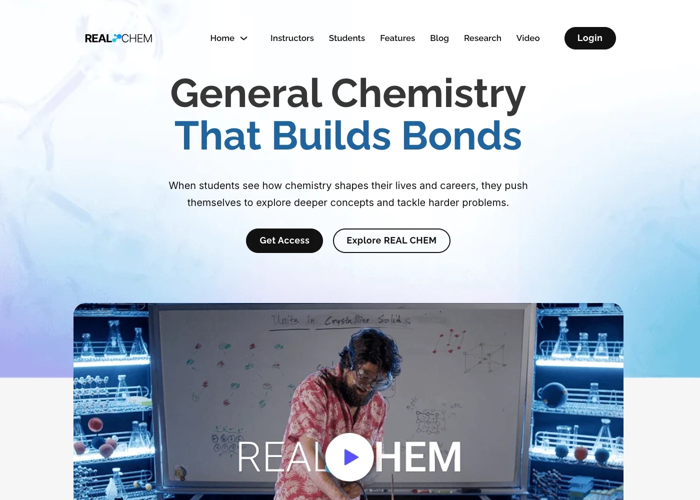 Screenshot of the REAL CHEM home page at realchem.org, with the headline &ldquo;General Chemistry That Builds Bonds&rdquo;.