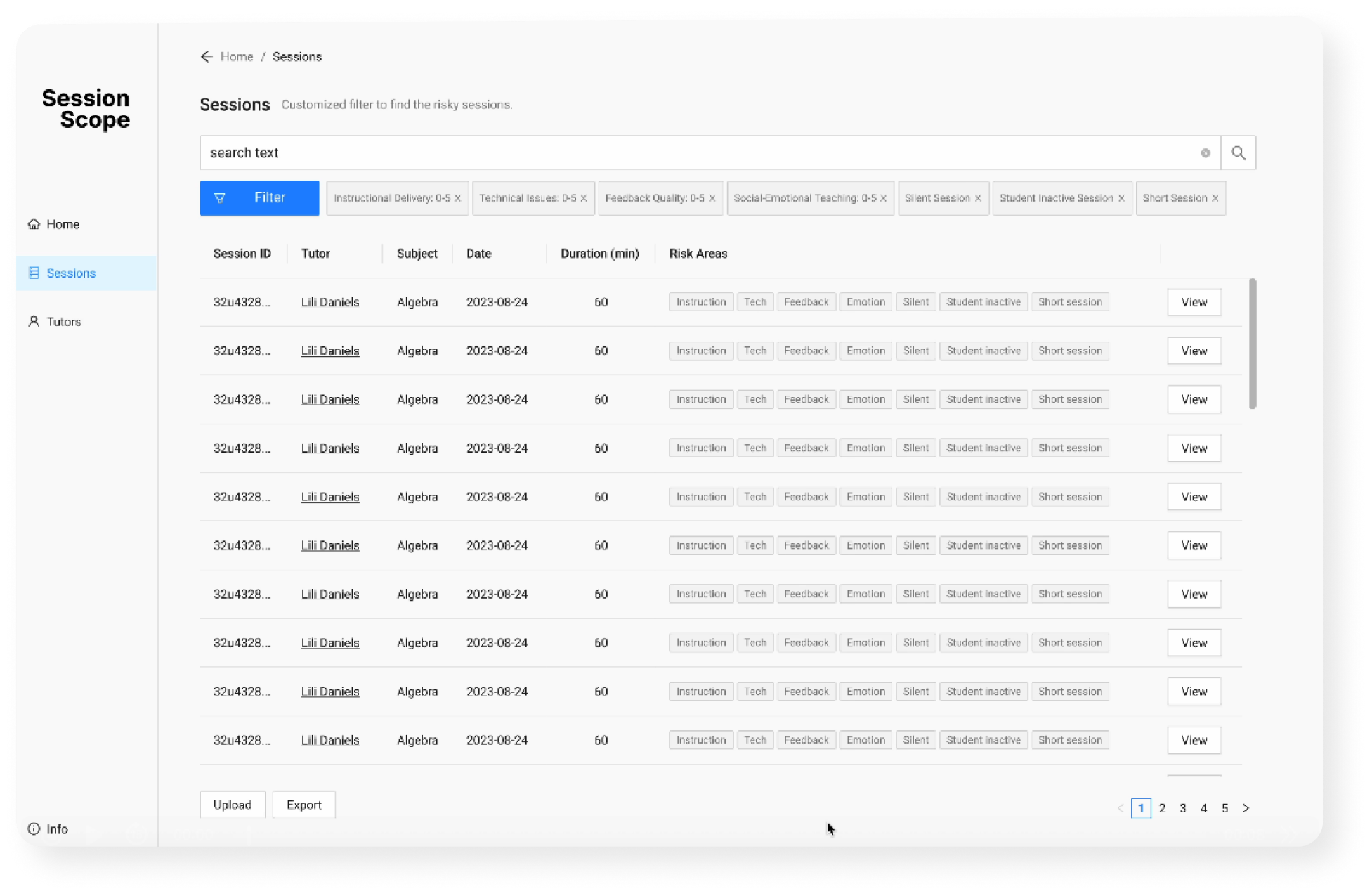 Screenshot of the Session Scope sessions dashboard, showing a filterable table of tutoring sessions with risk-area tags.